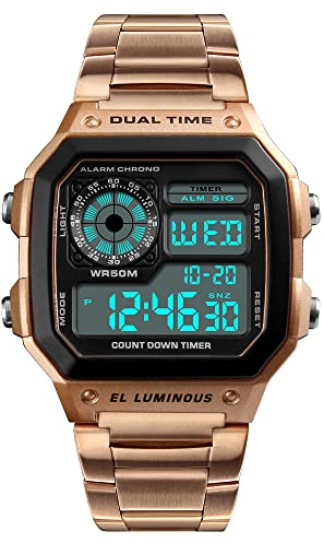 FeiWen Simple Homme et Femme Mode Montres Bracelet Plastique de la Lunette et Acier Inoxydable Ruban LED Digital Sport Outdoor Militaires 50M Étanche Multifonctionnel Montre (Rose)