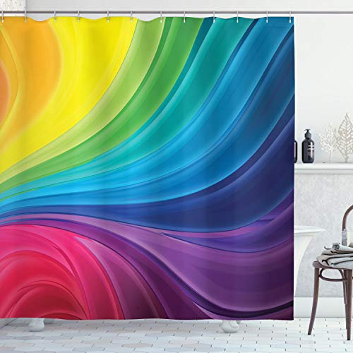 ABAKUHAUS Regenbogen Duschvorhang, Abstrakte weiche Linien, Stoffliches Gewebe Badezimmerdekorationsset mit Haken, 175 x 180 cm, Grün Lila