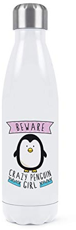 Attention Fou Pingouin Fille Double Mural Eau Bouteille Isolé Acier Inoxydable Sports Boissons 500ml Blanc