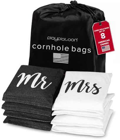 Play Platoon Wetterfeste Cornhole Bags – Set mit 8 Maisloch-Sitzsäcken – Mr & Mrs. Hochzeitsmotiv – langlebige Entenstoff-Maislochbeutel für Wurfspiel, inklusive Tragetasche