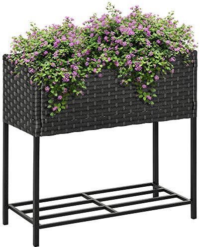 Outsunny Letto per Orto Rialzato, Fioriera Effetto Vimini con Ripiano, Aiuola Rialazata per Esterni e Interni, Grigio (70cm x 30cm x 72cm)