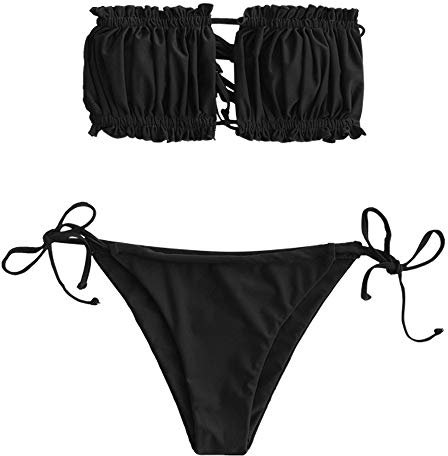 ZAFUL - Bikini da donna, senza spalline, con lacci e ruche, tinta unita Nero M