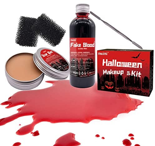 Maquillaje para Halloween Zombie Vampiro de Cicatrices Falsas, 50g Cera de Cicatrices + 100ml Sangre Falsa + Esponjas + Espátula Especiales SFX Maquillaje Set