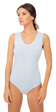 Evoni Damenbody l Damen Overall Bodysuit mit Rundhals l breite Träger l Verschluß-Haken l Unterzieh-Body mit optimaler Passform l sportlicher Damen-Body XL Hellblau