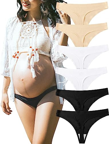 KUKU PANDA sans Couture Strings pour Femmes Dames Confortables Culottes de Maternité sous-vêtements No Show Athlétique Entraînement Lot de 6 (Noir/Blanc/Beige, Small)
