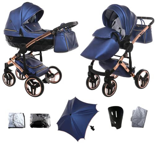 Original Junama Diamond Fluo-Line Reisesysteme Kinderwagen 2in1 3in1 4in1 Sonnenschirm + Originalzubehör Exclusive Prams (2in1, Kupfer-Blau 01)