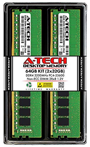 A-Tech Modules de mémoire RAM 64 Go (2 x 32 Go) DDR4 3200 MHz UDIMM PC4-25600 (PC4-3200AA) CL22 DIMM 2Rx8 Non-ECC pour ordinateur de bureau