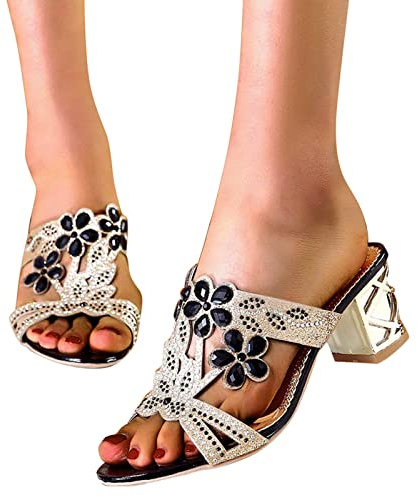 Briskorry Damen Sandalen mit Absatz Gold Strass Glitzer Hausschuhe Slip On Keilsandalen Slippers Sandalette mit Blockabsatz Böhmen Plattform Pumps Retro Plateau Schuhe Sommer Strandschuhe
