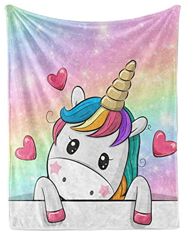 FEELJAM Einhorn Decke kuscheldecke pinkes, Flanell Weich Fleecedecke für Mädchen Flannel Blanket, Kinder kuscheldecke, Sofadecke, Wohndecke mikrofaser (Regenbogen, 150 * 200)
