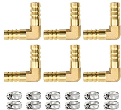 Bwintech 6 Stück Schlauchanschlussstücke, 6 mm 2-Wege-L-Form-Winkelstück aus Messing mit 12 Klemmen