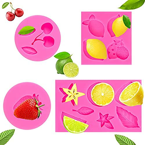 Lot de 4 moules à fruits en silicone 3D en forme de mini fruits en forme de cerise, fraise, citron, étoiles, feuilles, pour bougies, chocolat, bonbons, collations, cupcakes, gâteaux, gommes, fondants