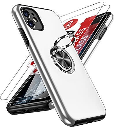 LeYi for iPhone 11 Case : and 2 Tempered Glass Screen Protector, with 360 Ring Holder Stand Magnetic Shockproof Heavy Duty Protective Phone Cover for i Phone 11 Silver