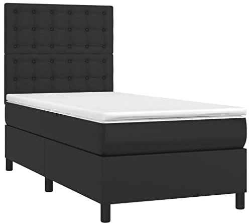 vidaXL Boxspringbett, Bett mit Matratze Kopfteil LED, Einzelbett Bettgestell mit Lattenrost, Polsterbett Bettrahmen, Schwarz 90x200cm Kunstleder