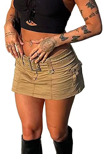 Acrawnni Damen Sommer Casual Slim Plissee Rüschen Denim Röcke Hohe Taille Harajuku Goth Punk Mädchen Y2K Vintage A-Linie Kurze Jeans Mini Röcke, K-Khaki, 44