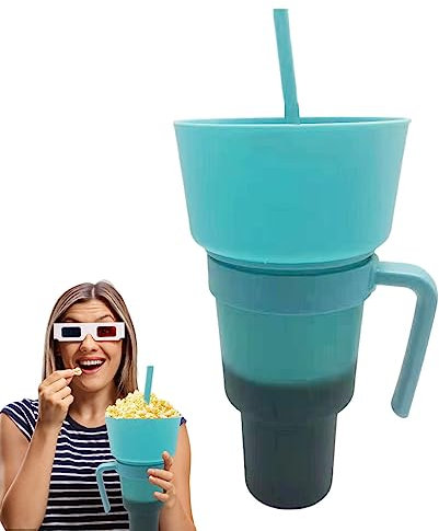 Snack Cup Bowl with Lid and Straw - Snack Drink Cup | Reusable 2 in 1 Cup Top Bowl Stadium Tumbler | Splash Proof Leakproof Portable Snack Cup for Journey, Cinema, Trip, Home