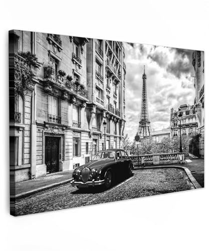MuchoWow© Leinwand Groß 120x80 cm XXL Deko Schlafzimmer Aesthetic Leinwandbilder Wohnzimmer Gemälde Foto Geschenk Living Room Decoration Bilder Schwarz Weiß - Paris mit einem Auto - Weiss
