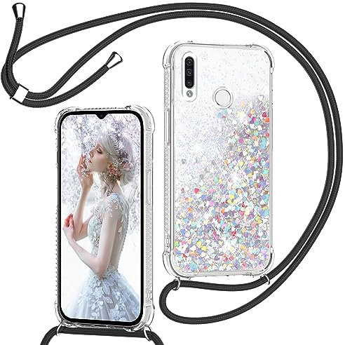 TUUTPU Handykette für Huawei P30 Lite Hülle mit Band, Glitzer Treibsand Handyhülle mit Kordel zum Umhängen Transparent Stoßfest Schutzhülle mit Kette Schnur, Quicksand Necklace Case in Schwarz