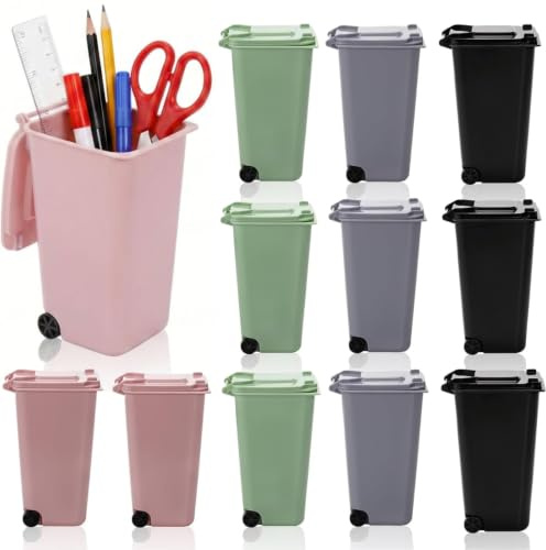 Goaste 12 Pack Mini Desk Trash Can, 22 OZ Tiny Curbside Garbage Bin with Lid, Small Plastic Desktop Wastebasket, Unique Office Pen Holder Pencil Cup, Counter Waste Basket for Home Kitchen Tabletop