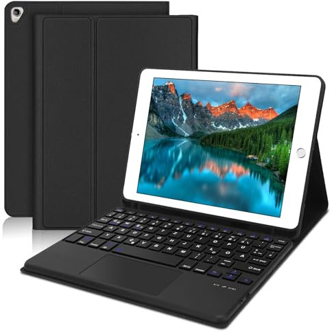 JADEMALL iPad 9 Hülle mit Tastatur, 10.2 Zoll Hülle mit Tastatur für iPad 9/8/7 Generation 2021/2020/2018, Magnetische QWERTZ Bluetooth (Schwarz-Touchpad)
