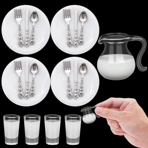 Wichtel Accesorios de Navidad, 4 piezas de accesorios de amigo invisible, cubiertos y platos en miniatura, juego de accesorios para el gnoble miniatura, jarra de leche y tazas de leche, vajilla en