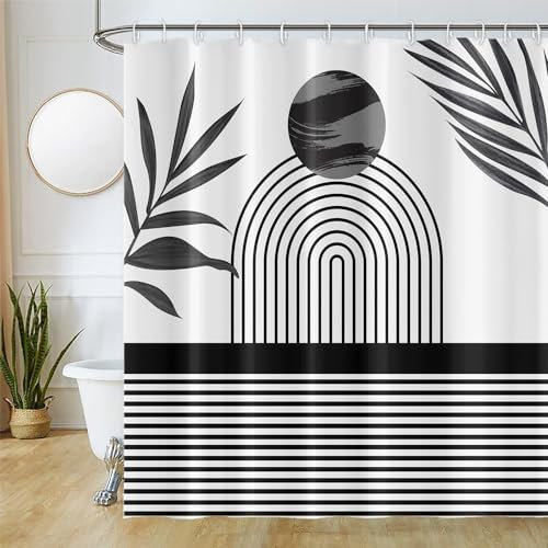 Uiiooazy Tenda Doccia Antimuffa, Tenda da Doccia 180x180cm Boho Style Astratta Nero Grigio Sole Linee Minimalista Tende da Bagno Tessuto Lavabile Impermeabile Tende per Vasca da Bagno con 12 Anelli