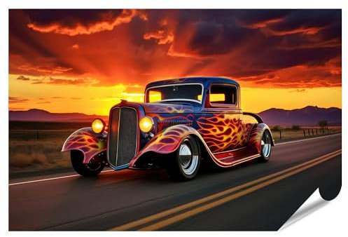 islandburner XXL Bild Poster Hot Rod mit Flammenlackierung auf offener Straße bei Sonnenuntergang B Premium Bilder Fotodruck