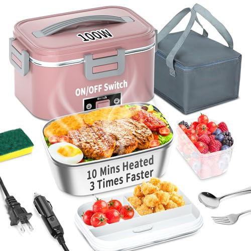 100W Electric Heated Lunch Box - 3 in 1 1.8L - Portable Fast Self-Heating Lunch Boxes for Adults 12V/24V/110V with Leakproof Compartment Lid for Car Truck
