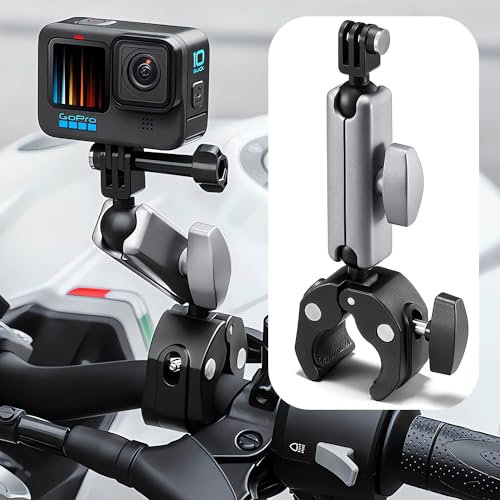 SRIKEKL Bike Mount Motorcycle Handlebar Clamp Holder Clip,Aluminum alloy,360° Double Ballhead Magic Arm,Action Camera Mount Adapter for GoPro Hero 12 11 10 9 8 7 Insta 360 DJI Accessories