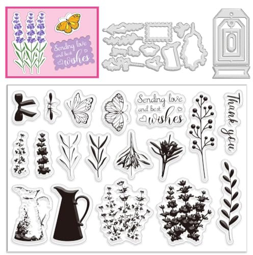 INFUNLY 3 Stück Lavendel-Stempel Und Stanzformen, Etiketten-Stanzformen, Segensworte, Gummistempel, Schmetterling, Transparente Stempel, Rahmen, Gestanzte Graspflanze, Silikonstempel Für Kartenherste
