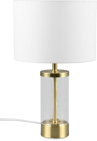 Reality Leuchten Tischleuchte Grazia R51711008, Metall Messing matt, Glas transparent, Schirm Stoff Weiß, exkl. 1x E14