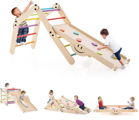 COSTWAY 5 in 1 Set da Arrampicata per Bambini, Giochi da Arrampicata Pieghevoli in Legno con Rampe Regolabili e Reversibili, Scala da Arrampicata per Bambini 3+ Anni (Colorato)