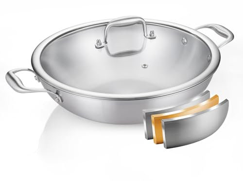 DELARLO Tri-Ply Stainless Steel Flat Bottom Wok, 13 Inch Braiser with Lid, Durable Large Frying Pan, Fast Even Heat Sauté Pan, Non-Toxic, Oven Safe to 600°F