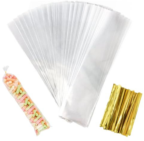 SAVOSWEET 100 Pièces 25 x 5 cm Sachets Transparents Bonbons avec 100 Pcs Liens Torsadés Doré 8 cm, Clairs Sachets Cadeaux OPP Pochette Sachet d'emballage pour Biscuit Bonbons Chocolats Perles Bijoux