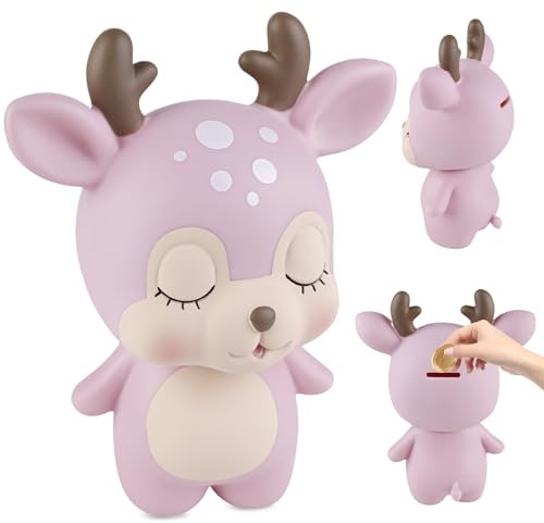 TOATELU Hirsch Sparschwein für Kinder: Vinyl Niedliche Spardose für Mädchen Jungen, Spardosen für Kinder, für Dekoration des Kinderzimmers, Geschenk, Spielzeug, Taufgeschenke (Rosa)