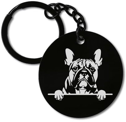 Schlüsselanhänger mit französischer Bulldogge, niedlicher Hund, graviert, Edelstahl, Kreis-Zeichen, Schwarz , One size