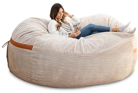 Big Joe Fuf 8Ft Giant Foam Bean Bag Chair, Oversized Couch with Removable Cover for Kids, Teens, Adults, Vanilla Latte Corded Plush, 8 Foot