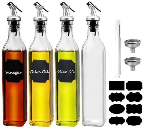 WERTIOO 4 Pack Olive Oil Dispenser Bottle 500 ML, 17 OZ Clear Liquid Glass Bottle for Kitchen, Modern Oil and Vinegar Dispenser Set with 2 Funnel & Pen and Tags