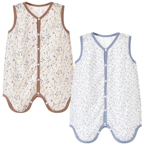 Chilsuessy Baby Sommer Schlafsack mit Füßen 2er Pack 0.5 Tog Leicht atmungsaktiv Kleinkind Schlafsack mit Füßen Sommer Schlafanzug für Jungen Mädchen, Blaue Blumen + Pflanzen, L/Baby Höhe 90-100cm