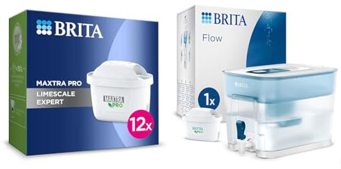 MAXTRA PRO Limescale Expert Water Filter Cartridge 12 Pack - Original BRITA Refill & Flow XXL Water Filter Tank (8.2L) incl. 1x MAXTRA PRO All-in-1 Cartridge - Fridge-Fitting Dispenser