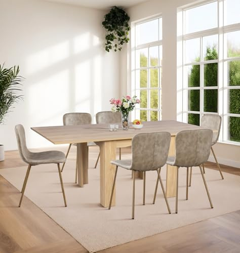 Hallowood Furniture Newquay Flip Top Dining Table and Chairs Set 6 80-160cm | Light Oak Extending or Folding Table and Chairs in Taupe Faux Leather with Wood Effect Metal Legs, 4-6 Seater Dining Room Set