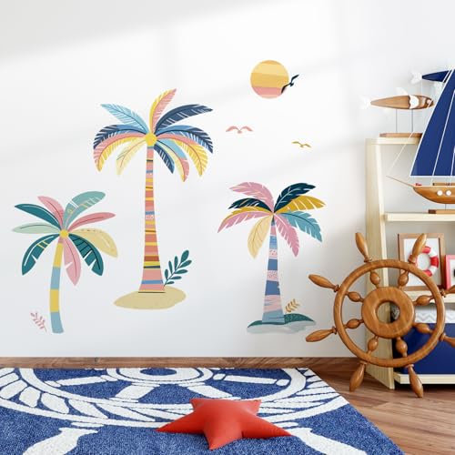 SHUCHING Stickers Muraux Palmier Coloré, Autocollant Mural Cocotier Plante Tropicale, Décoration Murale Chambre Enfants Bébé Pépinière Salle de Jeux
