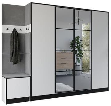 KIER FURNITURE Flurgarderobe Modern - Garderobenschrank mit Sitzbank, Haken und Schuhschrank - Flur Möbel Geräumig und Stilvoll - BxHxT 259,6x205x39cm - Weiß & Grau