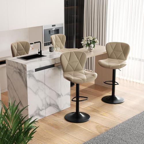 Hawthyhome Barhocker 4er Set |Barstuhl Höhenverstellbar mit Rückenlehne, Höhenverstellbar, 360° Drehbar, Kunstleder, für Esszimmer Heimbar Kücheninsel, 4 x Hocker, Khaki