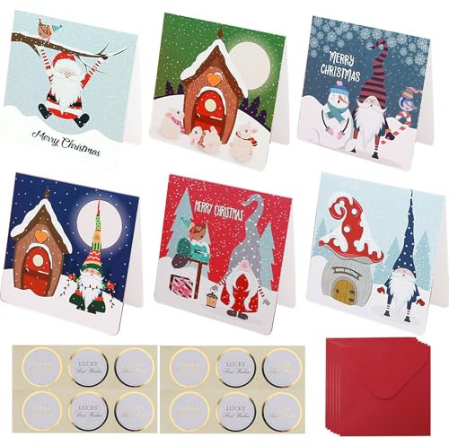 POPOYU 6 Stück Weihnachtskarten mit Umschlag Aufklebern Set, Klappkarten Weihnachtsgrußkarten Kraftpapier Karten Postkarten für Weihnachten, Grußkarte für Familie Freunde Neujahr Weihnachtsgrüße