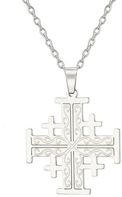EUEAVAN Jerusalem Kreuzritter Kreuz Halskette Kreuzritter Templer Kreuz Anhänger Medaillon Scheibe Griechisch Religiöser Schmuck Gebet Statement Taufe Geschenk Frauen Männer (Kreuzkette silber)