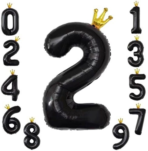 KOBOKO Luftballon 2, 40 Zoll Folienballon 2, Schwarz Luftballon 2. Geburtstag Zahlen, Ballon 2 Geburtstag mit Krone, Helium Ballons für Geburtstagsdeko 2 Jahre Mädchen Jungen Jahrestag Party Deko