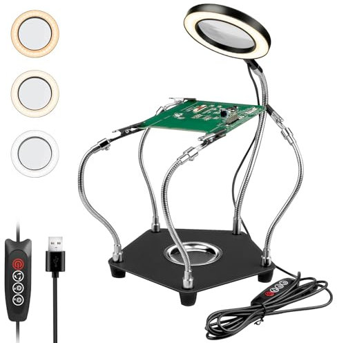 Lytool Terza Mano Saldatura,Stazione Saldatura per Mani d'Aiuto,con Lente d'Ingrandimento 3X LED Dimmerabile,Saldatura Flessibile per Mani d'Aiuto con 4 Bracci di Supporto per Riparazioni di Saldatura