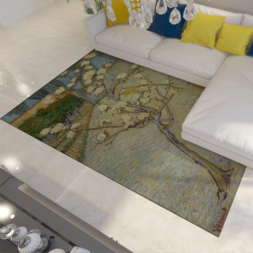 FEIPUHOME Art Farmhouse Aesthetic Area Rug Blooming Pear Tree in the Garden Pattern Famous Paintings Prints Carpet for Bedroom Non Slip Mat 180x240cm