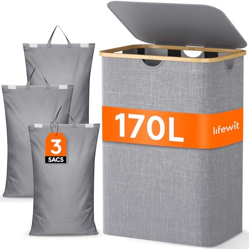 Lifewit Wäschekorb mit Deckel, 170L Große Wäschesammler 3 Fächer, Wäschesäcke, Wäschesortierer, Wäsche Sortieren, Wäschebehälter, für Wäsche, Schlafzimmer, Bad, Hellgrau