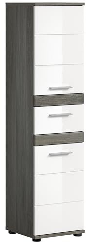 xonox.home - Standschrank Blake 35x134x31 cm in Front weiß Hochglanz Korpus rauchsilber Nb - Hochschrank Badschrank Badezimmerschrank - modern, platzsparend und funktional